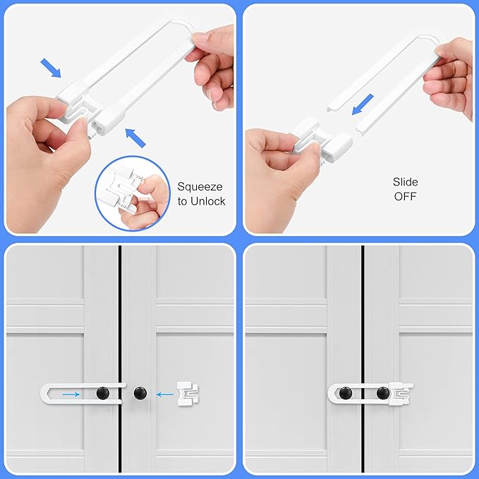 Vmaisi Baby Sliding Cabinet Locks - 4 Pack Adjustable U Shaped Child Safety Locks,Childproof Latches for Kitchen Bathroom Storage Cupboards Doors, Handles and Knobs White (4)