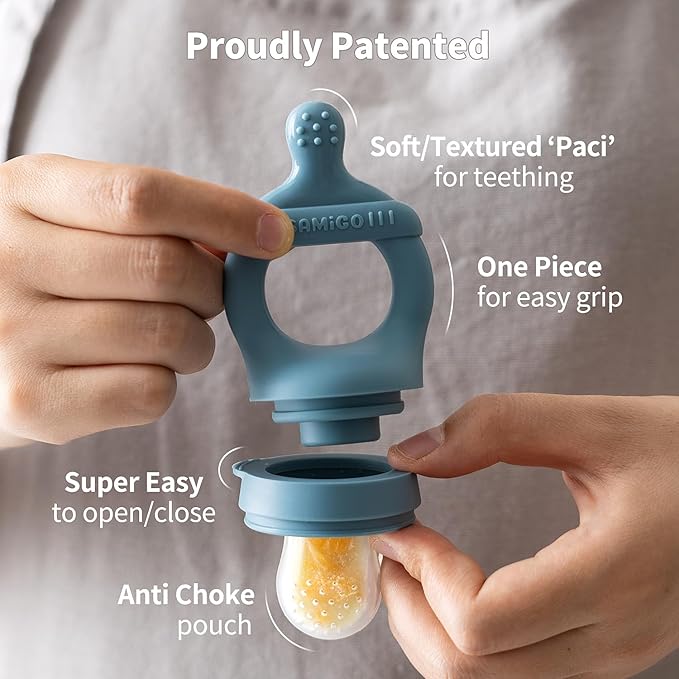 SAMiGO Baby Food Fruit Feeder and Breastmilk Popsicle Mold Set, Silicone Fruit Teether, Food Feeder Pacifier for Teething Relief, Freezer Tray, Baby Feeding Essentials, 4 Months+