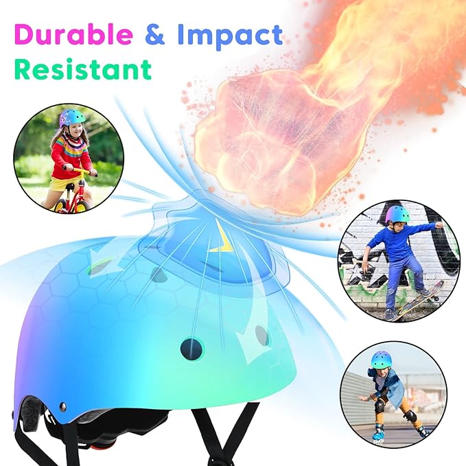 Color Gradient Adjustable Kids Bike Helmet Toddler Skateboard Helmets Boys Girls Child Ventilation Helmet for Multi-Sports Skating Cycling Scooter Balance