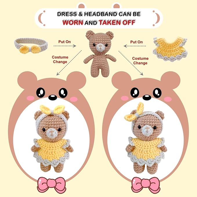 LoopMap Crochet Kit for Beginners - DIY Amigurumi Bear with Removable Dress & Accessories - Step-by-Step Video Tutorials, Extra Yarn, Crochet Tools, Handmade Gift for Kids & Adults (Bear K01, Yellow)