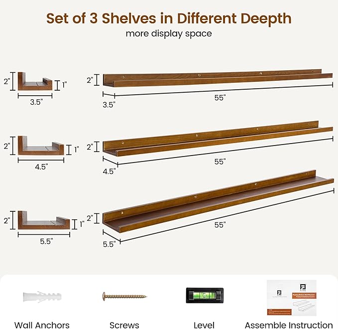 Picture Ledge Wall Shelves 56 inches Width Set of 3, Solid Pine Wood Rustic Floating Ledge Shelves for Wall for Kids' Room Bedroom Kitchen Bathroom Long Floating Shelves for Wall Decor, Walnut