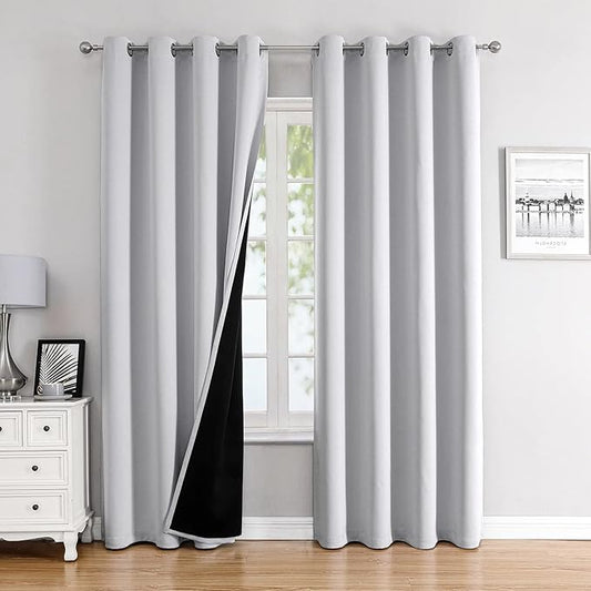 ChrisDowa 100% Blackout Curtains 108 inch Long for Bedroom with Black Liner, 2 Thick Layers Total Blackout Thermal Insulated Grommet Window Curtains 2 Panels Set (Greyish White, 52 x 108 Inch)