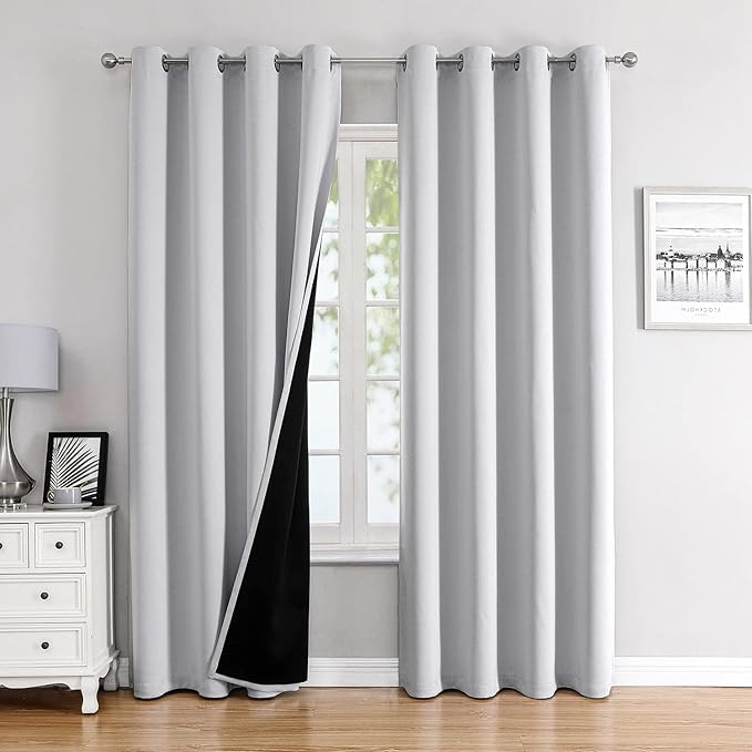 ChrisDowa 100% Blackout Curtains 120 inch Long for Bedroom with Black Liner, 2 Thick Layers Total Blackout Thermal Insulated Grommet Long Window Curtains 2 Panels Set (Greyish White, 52 x 120 Inch)