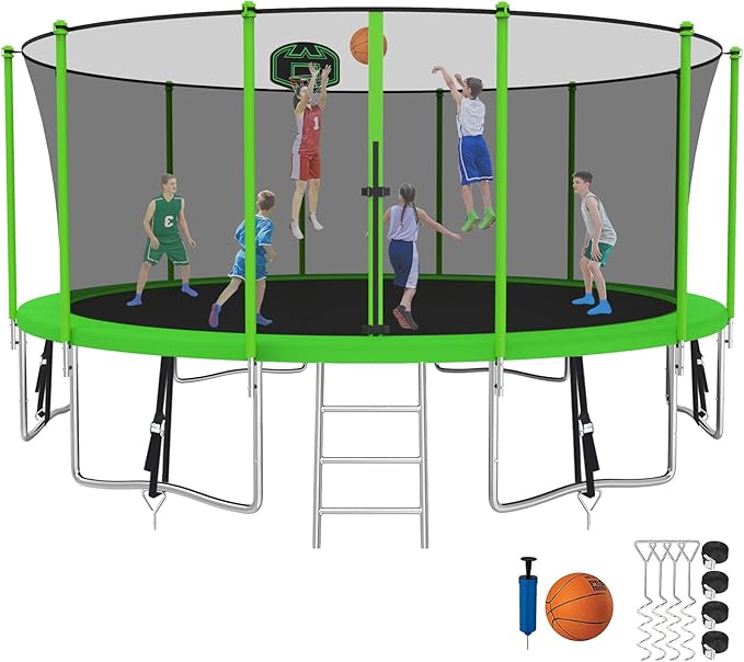 SKYUP Tranpoline 1500LBS 16 15 14 12 10 8 FT Tranpoline for 7-10 Kids and Adults, Windproof Outdoor Tranpoline with Enclosure Net, Basketball Hoop, Easy to Install & Last Long - ASTM Approved