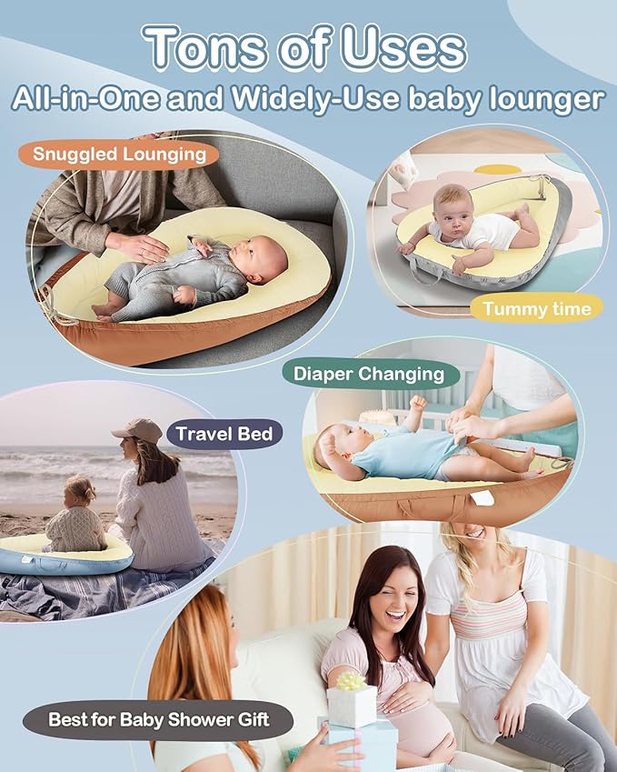 Baby Lounger - Infant Lounger for Newborn 0–26 Months, Waterproof Inner Cover and Pure Cotton Breathable Baby Nest Cover, Newborn Lounger for Baby Boys & Girls, Portable Lounger for Home and Travel