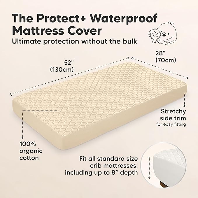 Waterproof Crib Mattress Protector Cover Fitted - 2-Pack Quiet Baby Crib Mattress Pad Sheets, 52" x 28" Soft Quilted Cotton Baby Sheet, Machine Washable, Easy Fit, Durable (Khaki/Mavy)