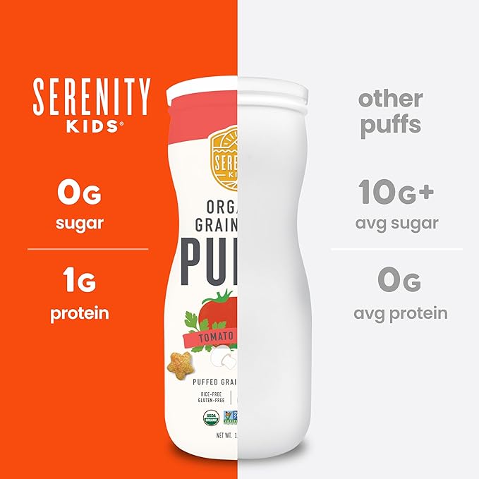 Serenity Kids 6+ Months Grain-Free Allergen-Safe Puffs for Toddlers & Babies - No Grains, Gluten, Nuts, Rice - Organic Veggies, Legumes, Olive Oil, Tomato & Herbs - 6 Count - Can Of Puffs