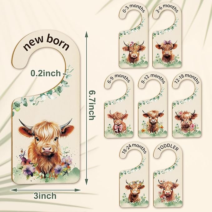 Whaline 8Pcs Baby Closet Size Dividers Watercolor Highland Cow Hanging Wood Baby Closet Organizer Newborn to 24 Months Thicken Baby Wardrobe Organizer