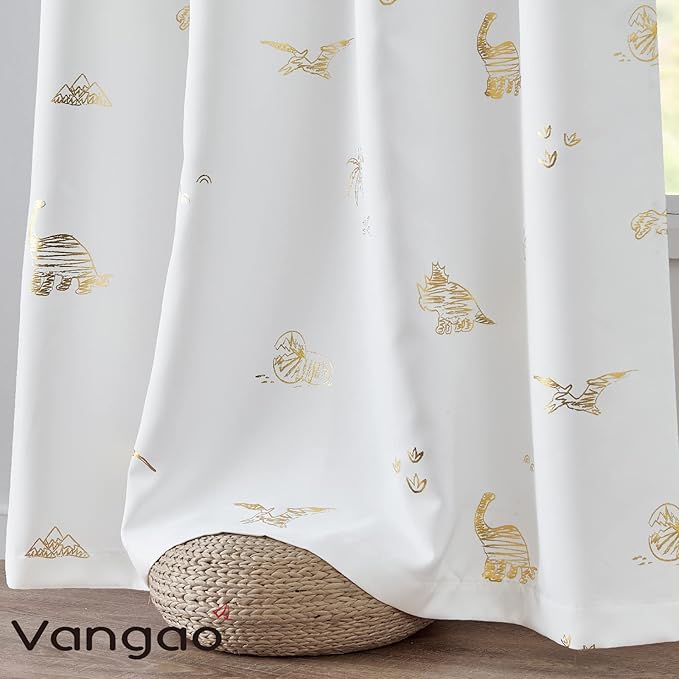 Vangao Kids Curtains White Drapes Dinosaur Curtains for Boys Kids Nursery Girls Room Golden Dino Foil Print Light Filtering Grommet Top Window Drapes 63 Inches Length 2 Panels