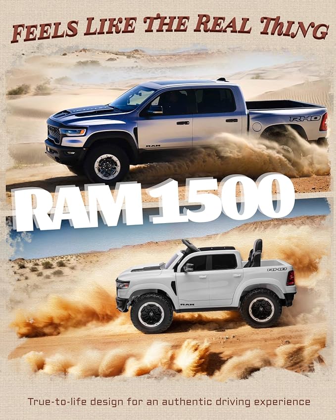 Licensed Ram 1500 RHO 12V Kids Ride on Truck, Toddler Ride on Toys with Remote Control, Children Electric Vehicles with Truck Bed Storage, Smooth Start, Music, Bluetooth (White)