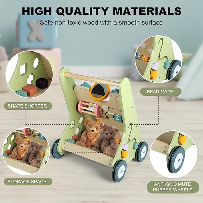 Wooden Baby Walker Wheels,Baby Push Walker for Babies 6-12 Months Montessori,Toddler Walker Push Toy Wooden Activity Walker for Baby Boy,Walking Toys for 1 Year Old Learning to Walk Girl Christmas