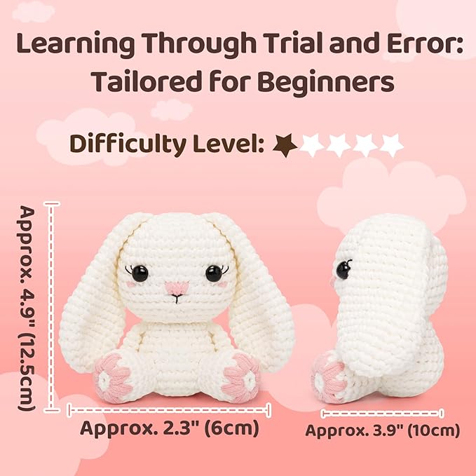 Mewaii Crochet Kit for Beginners Level 1 with 40% Extra Eco-Friendly Pre-Started Easy Yarn, Step-by-Step Video Tutorials for Adults and Kids (Sitting Bunny)