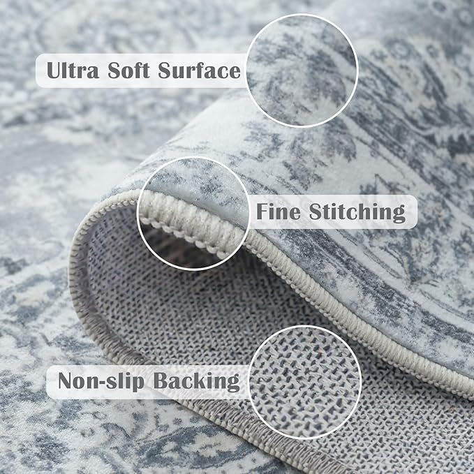 jinchan Hallway Runner Rug 3x8 Washable Runner - Vintage Floral Non Slip Low-Pile Soft Thin Faux Wool Kitchen Rug Distressed Carpet for Farmhouse Bedroom Laundry Room(3x8ft,Grey)