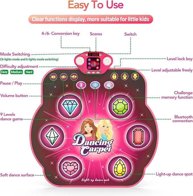 Dance Mat Toys for 3-12 Year Old Girls, 6-Button Kids Dance Mats Bluetooth Dance Pad, Light-up 6 Game Modes Dance Mat for Kids, Christmas/Birthday Gifts for 3-5 6 7 8 9 10+ Year Old Kid