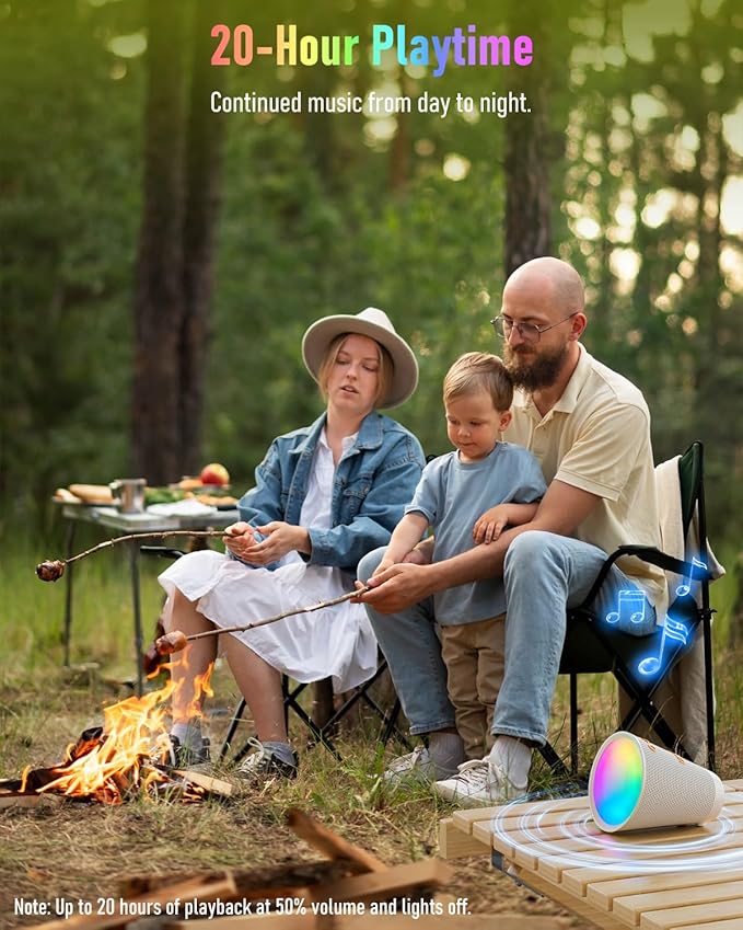 Portable Bluetooth Speaker Wireless with 9 Color Lights, 20H Playtime, Stereo Pairing, Deep Bass, IPX6 Waterproof, Bluetooth 5.3, Small Speaker for Home, Party, Outdoor, Camping, Beach, Gift