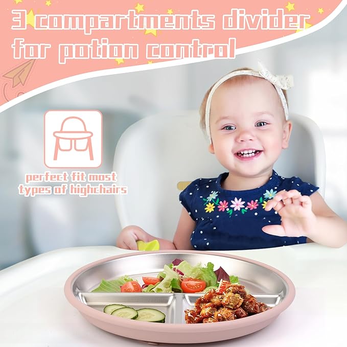 ShineMe Stainless Steel Kids Plates 2 Pack, 9”Suction Plates for Baby with Removable Colored Silicone Sleeves, Unbreakable Toddler Divided Plate Non Toxic for Snack, Meal...