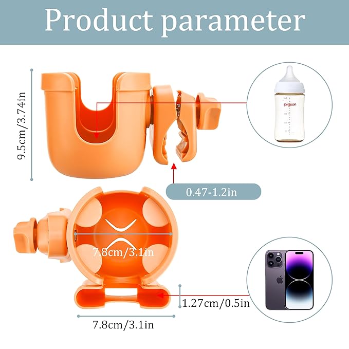 Suranew Adjustable Stroller Cup Holder with Phone Holder for Baby Stroller for Family Members (Orange)