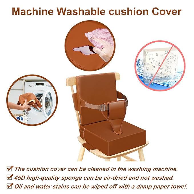 Toddler Booster Seat for Dining Table Kitchen Chair, Waterproof Non-Slip with Backrest & Adjustable Straps, Portable PU Travel Baby Kids Booster Seat Cushion