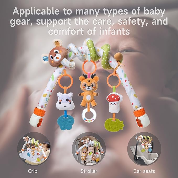 TUMAMA Baby Activity Arch with Bear Spiral Toy, Clips Adjustable and Detachable Sensory Stimulating Hanging Toys Baby Toys 0-3 3-6 Months, Newborn Strollers Bassinets Crib Carseat Toy