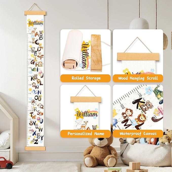 Personalized Name Baby Height Growth Chart, Letters Canvas Height Chart for Kids Baby Toddler Boys Girls, Canvas&Wood Growth Chart for Wall Room Nursery Decor, Hanging Rulers