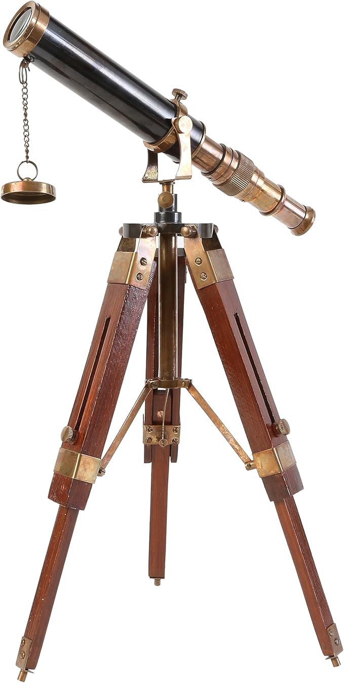 Vintage 9-Inch Brass Telescope with Wooden Stand – Antique Nautical Marine Decor & Functional Collectible Gift