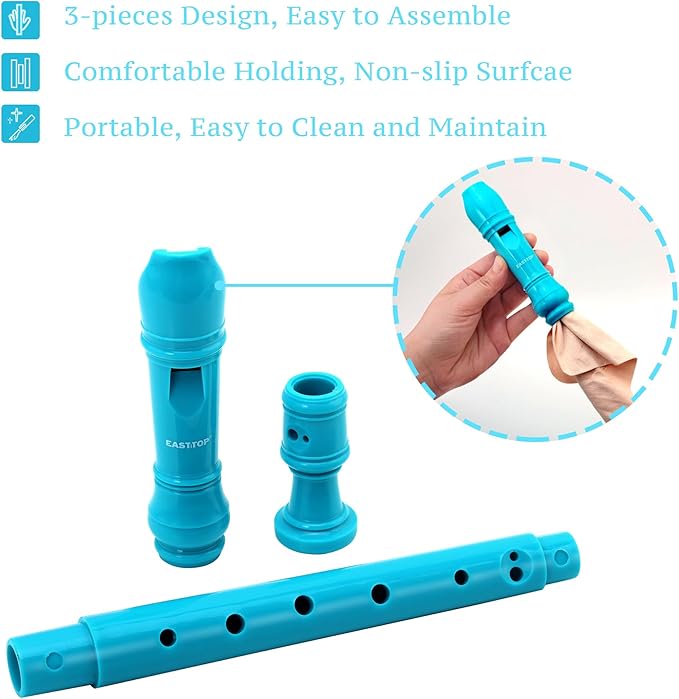 EAST TOP Soprano Recorder for Kids Beginners, 8 Hole Plastic German Fingering Flute Recorder 3 Piece with Cleaning stick, Cotton pouch, Fingering Chart, Colorful box (Blue)