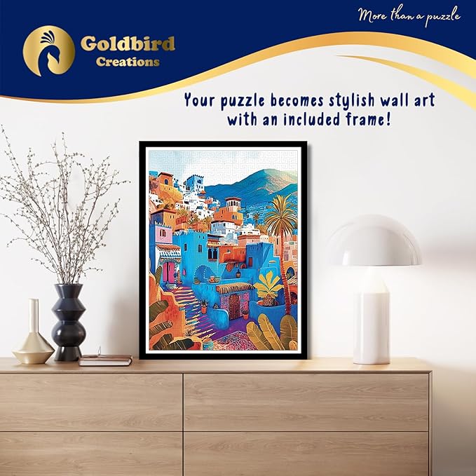 Magnetic Wooden Puzzles with Frame for Adults - Framed Wooden Jigsaw Puzzle - Rompe Cabezas para Adultos - Landscape Wall Art Decor - Original Christmas & Birthday Gift (Chefchaouen)