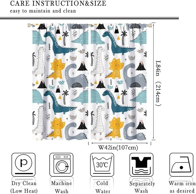 Kids Dinosaur Curtains for Boys Girls Bedroom Decor Cartoon Dino Colorful Cute Funny Wildlife Animal Printed Blackout Rod Pocket Window Drapes for Baby Nursery Playroom Living Room W42xL84in 2 Panels