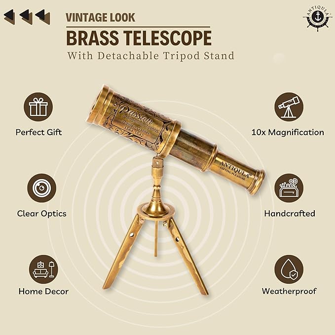 Vintage Brass Decor Telescope on Tripod, Antique Pirate Spyglass with Gift Box, Monocular Nautical Handheld Telescope Ideal for Home Decor, Gifting, Traveling, Kids, Bookshelf & Office Desk