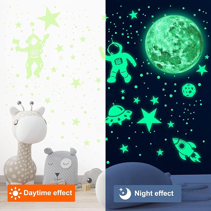 1017Pcs Glow in The Dark Stars for Ceiling Glow in The Dark Moon and Space Wall Decals Luminous Astronaut Universe Planet Galaxy Wall Stickers for Kids Boys Girls Bedroom Green