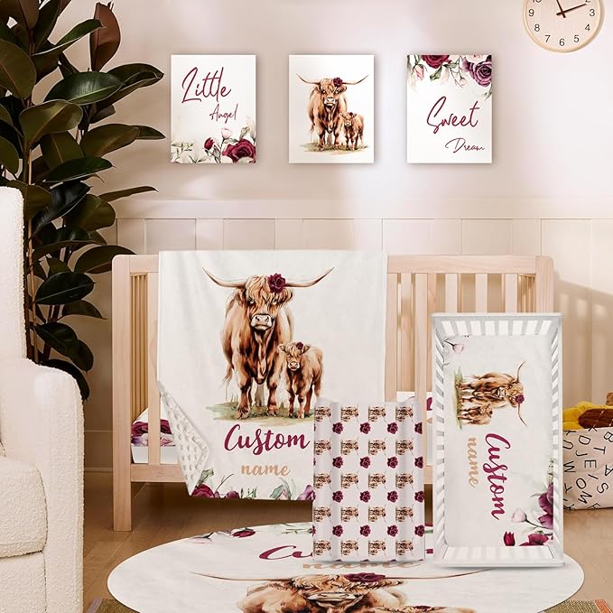 Personalized Nursery Crib Bedding Set: Custom Name 5 Piece Baby Crib Sets with Rose Highland Cow Pattern - Toddler Double Layer Blanket Set, Comfortable Crib Bed Sheets for Baby Grils