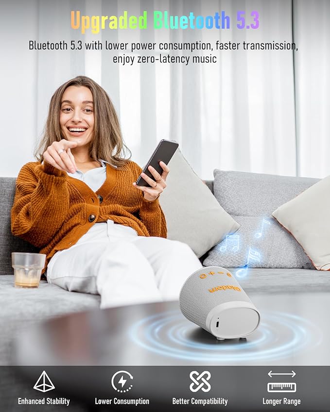 Portable Bluetooth Speaker Wireless with 9 Color Lights, 20H Playtime, Stereo Pairing, Deep Bass, IPX6 Waterproof, Bluetooth 5.3, Small Speaker for Home, Party, Outdoor, Camping, Beach, Gift