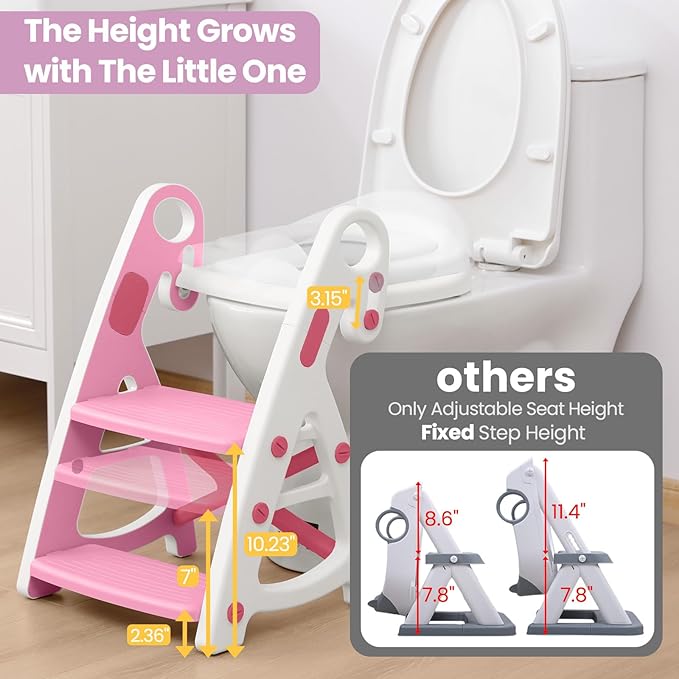 Primlect Potty Training Seat, 2-in-1 Toddler Toilet Seat with Step Stool, Ultra-Stable Potty Chair Attachment, Adjustable Seat and Step Ladder, Non-Slip Design, Splash Guard for Boys and Girls(Pink)