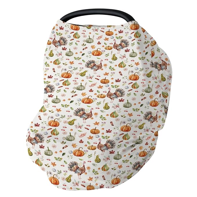 Thanksgiving Turkey Pumpkins Car Seat Covers Vintage Autumn Leaves Stretchy 5-in-1 Cover Adjustable Infant Carseat Cover Canopy Fall Harvest Breathable Nursing Cover-Up