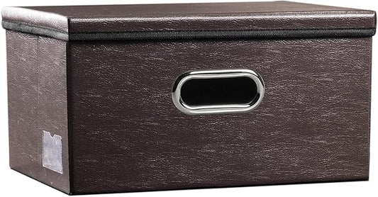 PRANDOM Collapsible Storage Box with Lid [1-Pack] Leather Fabric Foldable Storage Bin Organizer Container Basket Cube with Cover for Home Bedroom Closet Office Nursery Brown (13.6x9.6x6.9)
