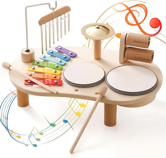 Promise Babe Wooden Musical Instruments for Toddlers 1-3, Percussion Instruments for Kids Baby Drum Set Xylophone, Montessori Educational Musical Toys, Gifts for Girls Boys Ages 3+