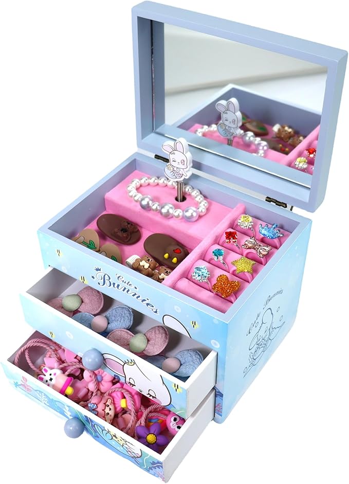 Music Jewelry Box for girls blue Cute bunny girls jewelry box Little girl birthday christmas Gift kids jewelry box Organizer