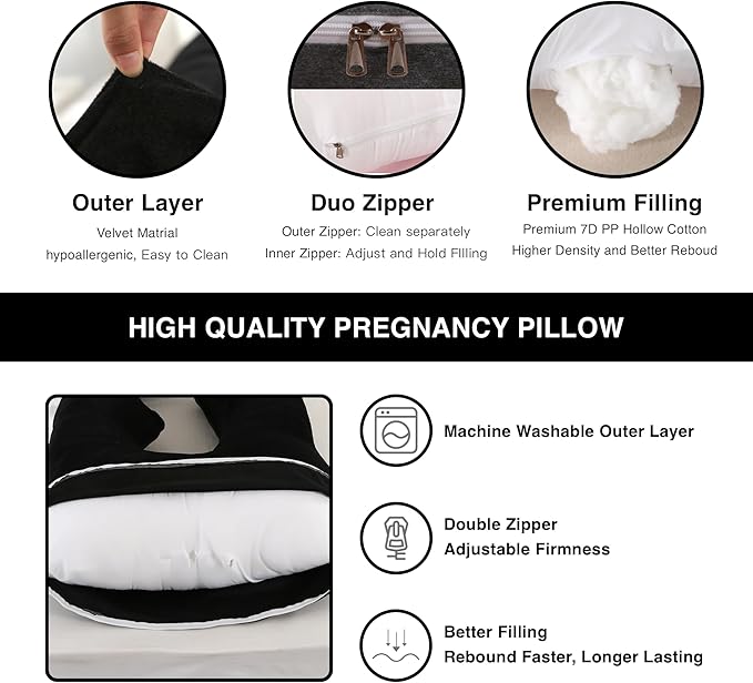 Pregnancy Pillow, Full Body Maternity Pillow 57 inch, with Removable Washable Cover - Sleep Support for Legs, Back, Neck, Shoulder, HIPS, Belly for Pregnent Women, Velvet (Coal-Black)