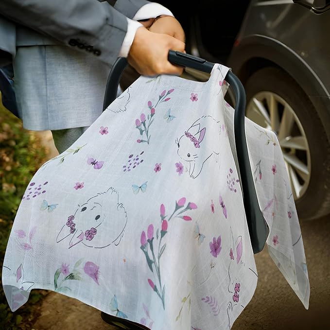 80S Muslin Car Seat Cover for Babies - Soft & Breathable Infant Carrier Canopy, Lightweight Sunshade for Summer, Universal Fit for Baby Boys & Girls