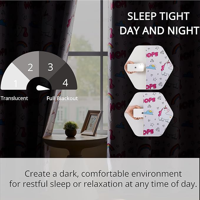 Unicorn Blackout Curtains for Girls' Bedroom - 2 Panels, Each W52×L84, 100% Blackout, Energy Efficient, Thermal Insulated, Noise Reducing, Pink Girls Curtains