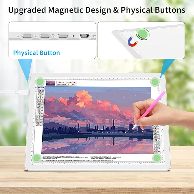 TOHETO A4 Light Board with Bag for Diamond Painting, Super Bright Magnetic Light Pad with Side Buttons, Lightbox for Tracing and Drawing, Corded Light Table for Sketching, Weeding Vinyl (White)