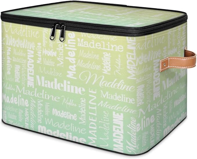 Custom Storage Basket with Name, Personalized Storage Bins with Zipper Lid, Foldable Fabric Storage Box Large capacity with Handle Yellow Green