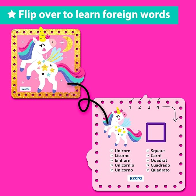 Premium Foil Edge Lacing Cards for Kids Ages 3-6 | 10 Double-Sided Unicorn and Fairy Sewing Cards with Multilingual Learning | Durable Cardboard Fine Motor Skills Activity Kit