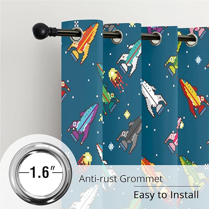 Pixel Rocket Kids Blackout Curtains - 100% Blackout, Thermal Insulated, Noise Reducing, Perfect for Kids Room and Nursery, 2 Panels (Pixel Rocket Fleet, W52×L84)