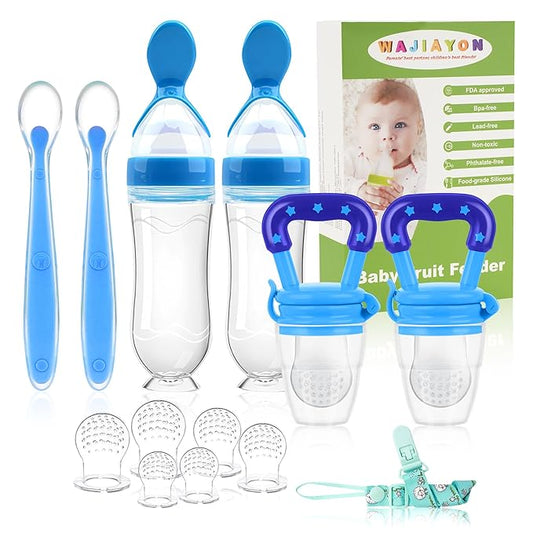 WAJIAYON Baby Fruit Feeder Pacifier - 6 Pack | 2 Infant Food Pacifier & 2 Baby Food Dispensing Spoon | Fresh Fruit Teethers for Babies | Silicone Feeder Babies,Infant Teething Feeders (Blue)