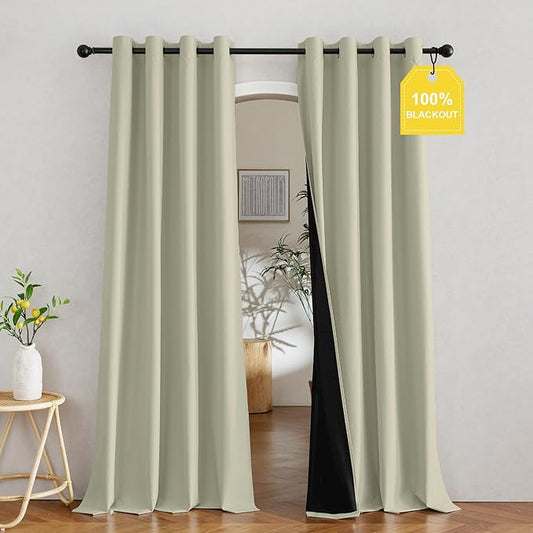 NICETOWN 100% Blackout Muted Beige Curtains 84 inches Long, Grommet Energy Saving Thermal Insulated Window Treatments Lightweight for Bedroom/Home Office, W52 x L84, 2 Panels