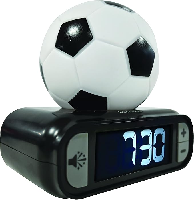 LEXiBOOK - Soccer Ball Digital Alarm Clock with Night Light Snooze, Clock, Luminous Soccer Ball, Black Colour - RL800FO