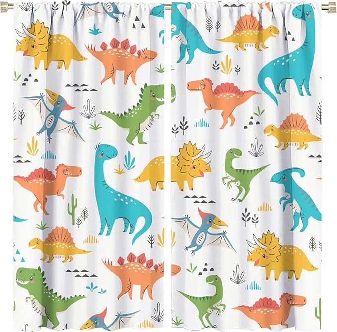 Kids Dinosaur Curtains for Boy Girl Bedroom Decor Cartoon Dino Colorful Cute Funny Animal Wildlife Printed Blackout Rod Pocket Window Drapes for Baby Nursery Playroom Living Room W42xL84in 2 Panels