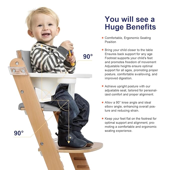 Cowiewie 3-in-1 Convertible Natural Wooden High Chair for Babies & Toddlers 3-Tier Remove & 2 Adjustable Wood Tray & 8 Levels Adjustable, 2 Waterproof Cozy Cushions Grey