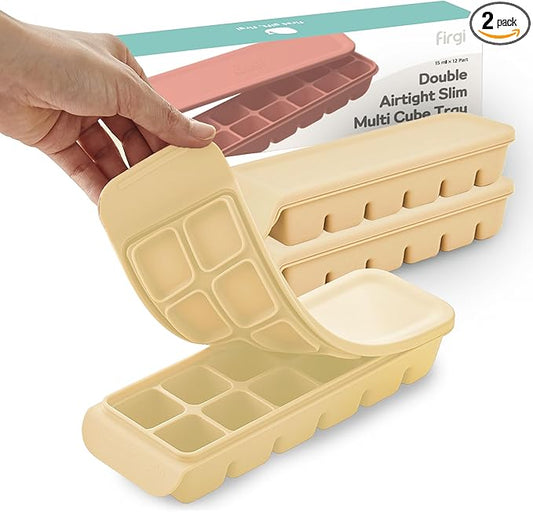 Silicone Freezer Trays with Lid,2ea 0.7oz 12 Cube-Leak Proof Silicone Freezer molds for Homemade Baby Food Breastmilk, Purees, Vegetables, Fruit, Baby Food Jars Ice Tray with Lid BPA Free Beige